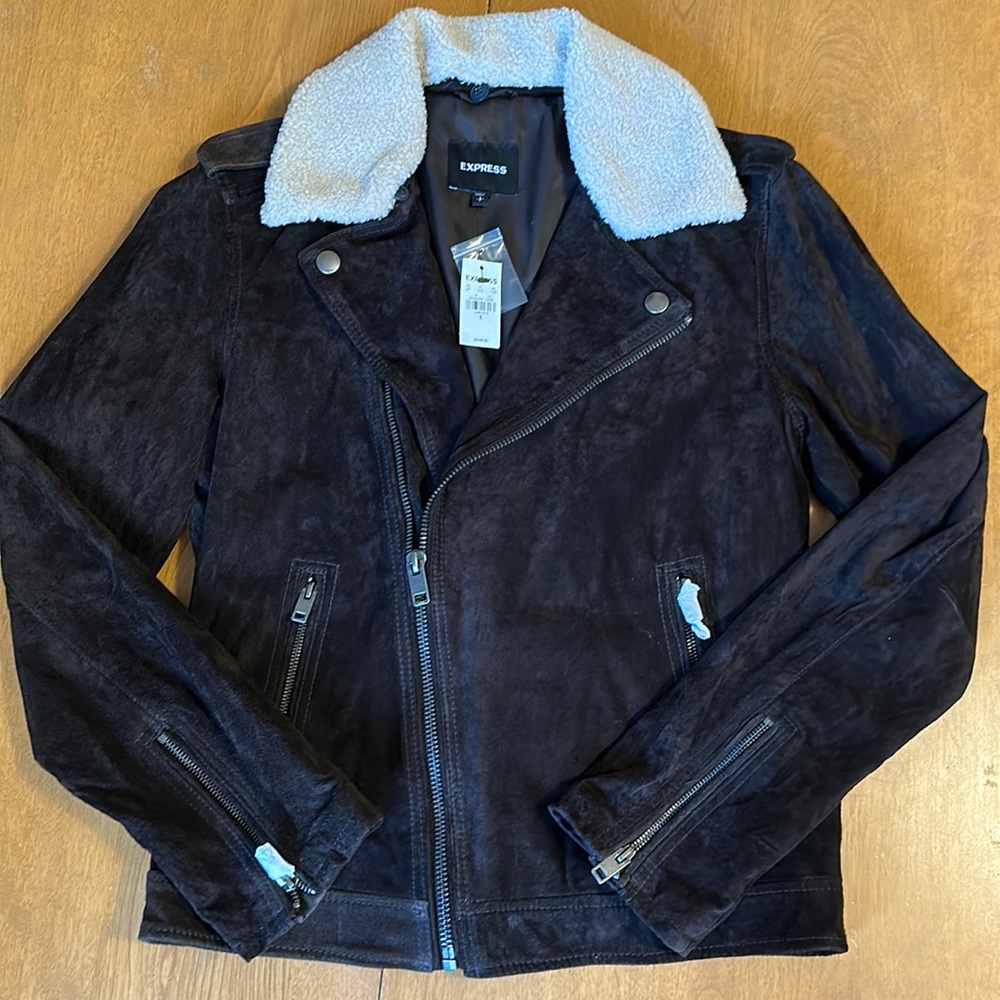 Express Moto Jacket Suede Leather Small Chocolate Brown w/Sherpa Collar NEW